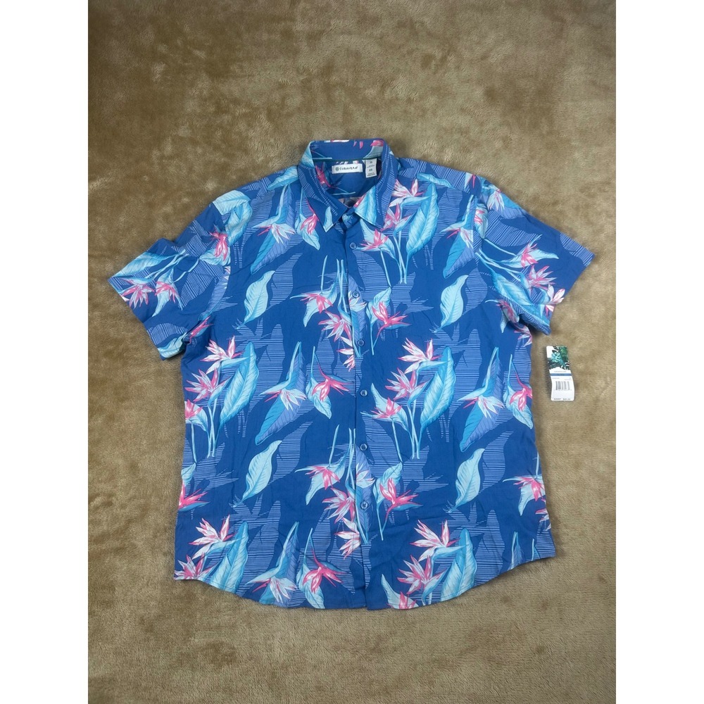 Cubavera Mens XL‎ Blue Floral Bird of Paradise Viscose Short Sleeve Button Up